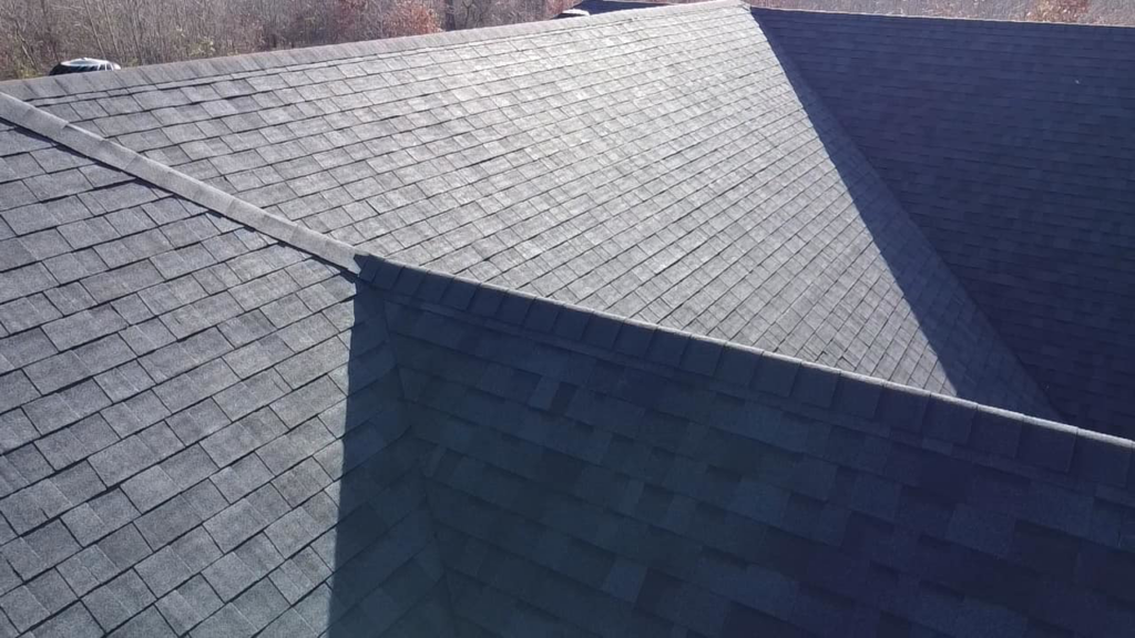 A close-up view of the dark gray shingle texture on a newly installed roof by SJL Contracting, LLC in Owensboro, KY.