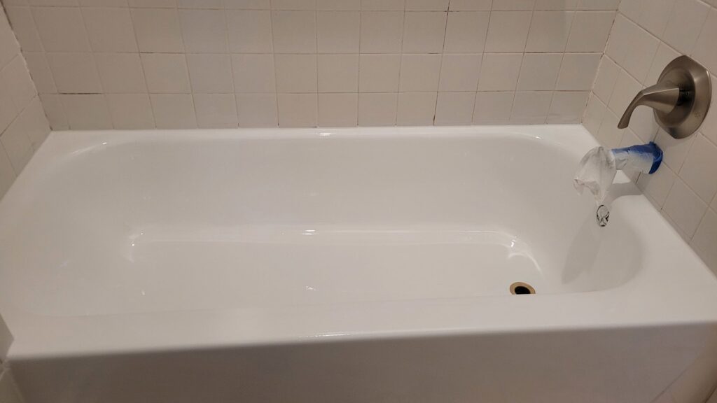 A close-up view of a perfectly refinished white bathtub by Phillys Finest Tub & Tile Refinishing in Philadelphia, PA