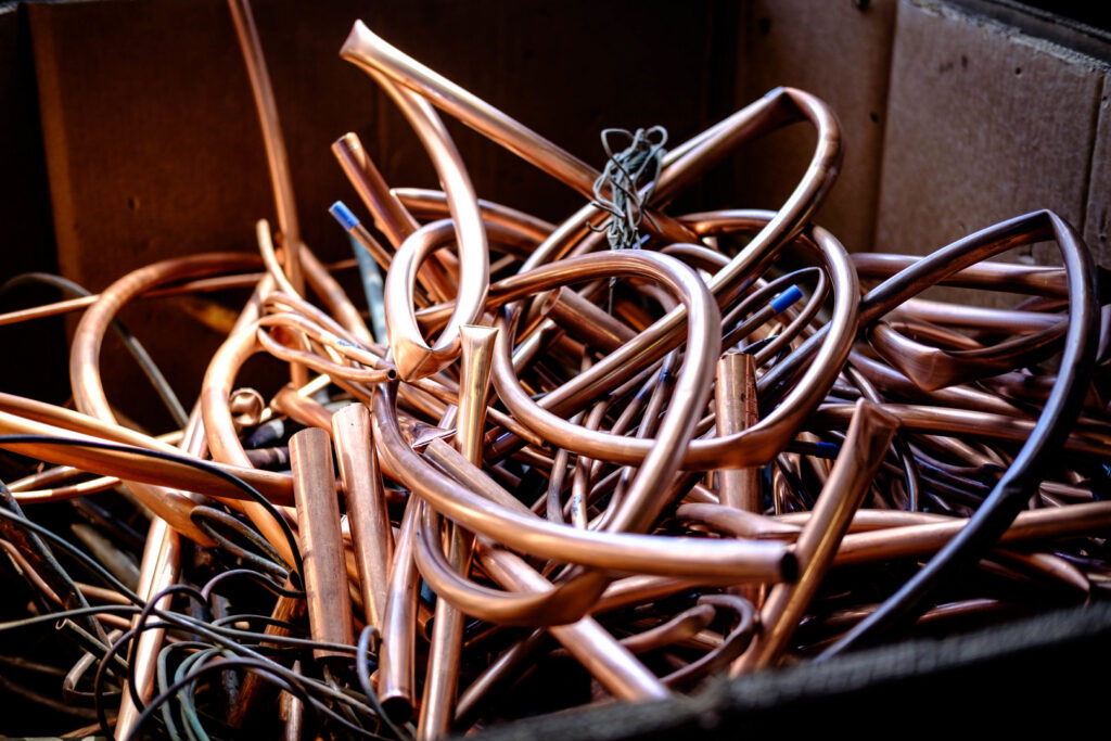 A close-up of tangled scrap copper tubing ready for recycling at Queen City Metal Recycling & Salvage in Charlotte, NC.