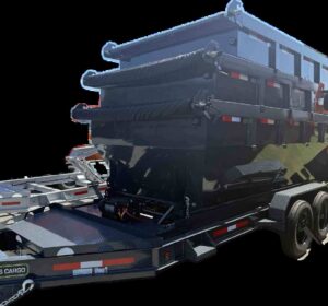 A close-up view of multiple black roll-off dump containers stacked on a trailer, used for junk removal by Lewis Outdoor Services LLC in Augusta, GA.