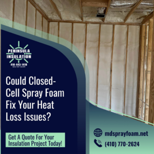 Closed-cell spray foam insulation applied to wall studs and ceiling joists by Peninsula Insulation, LLC in Easton, MD.