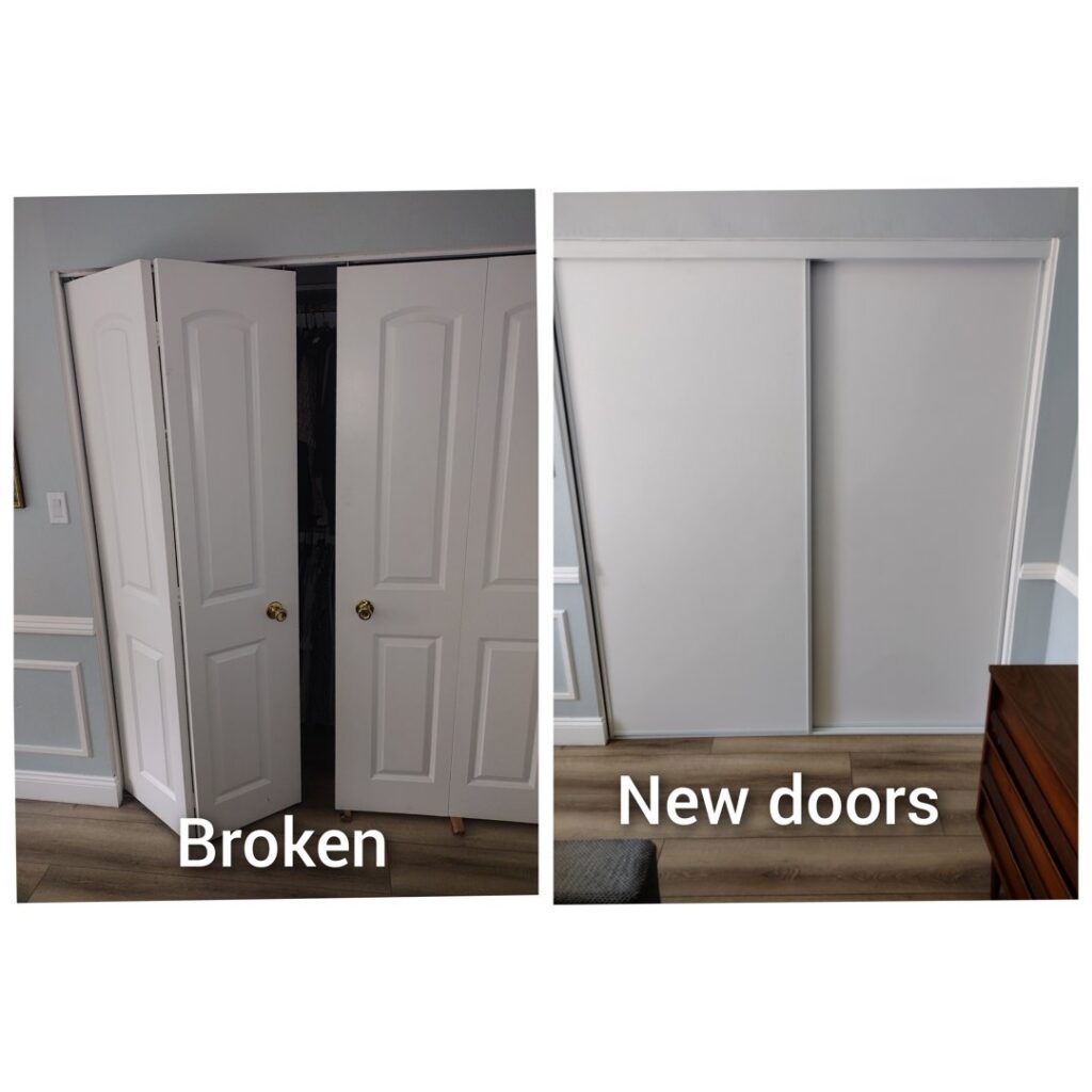 Before and after photos of broken bi-fold closet doors replaced with new sliding doors, showcasing work by Handyman SanDiego in San Diego, CA.