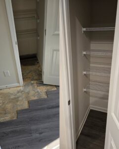 Before and after view of a closet renovation, showing new flooring and organized shelves by Kirkland Residential & Property Solutions in Clarksville, TN