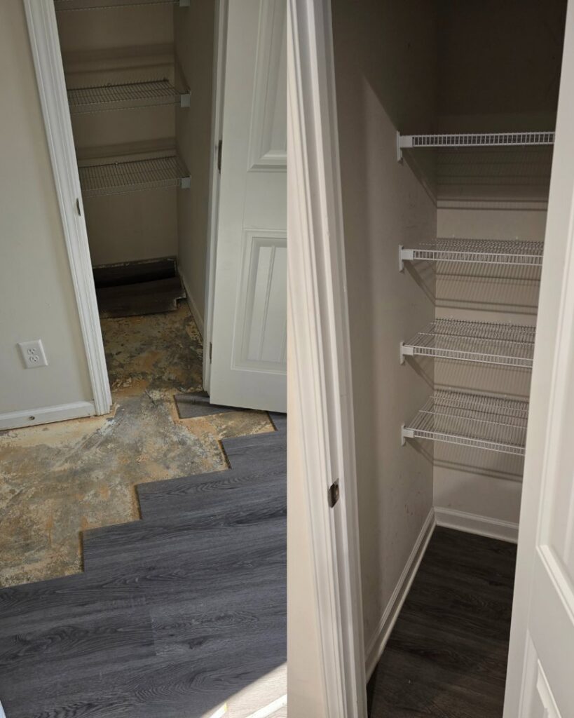 Before and after view of a closet renovation, showing new flooring and organized shelves by Kirkland Residential & Property Solutions in Clarksville, TN