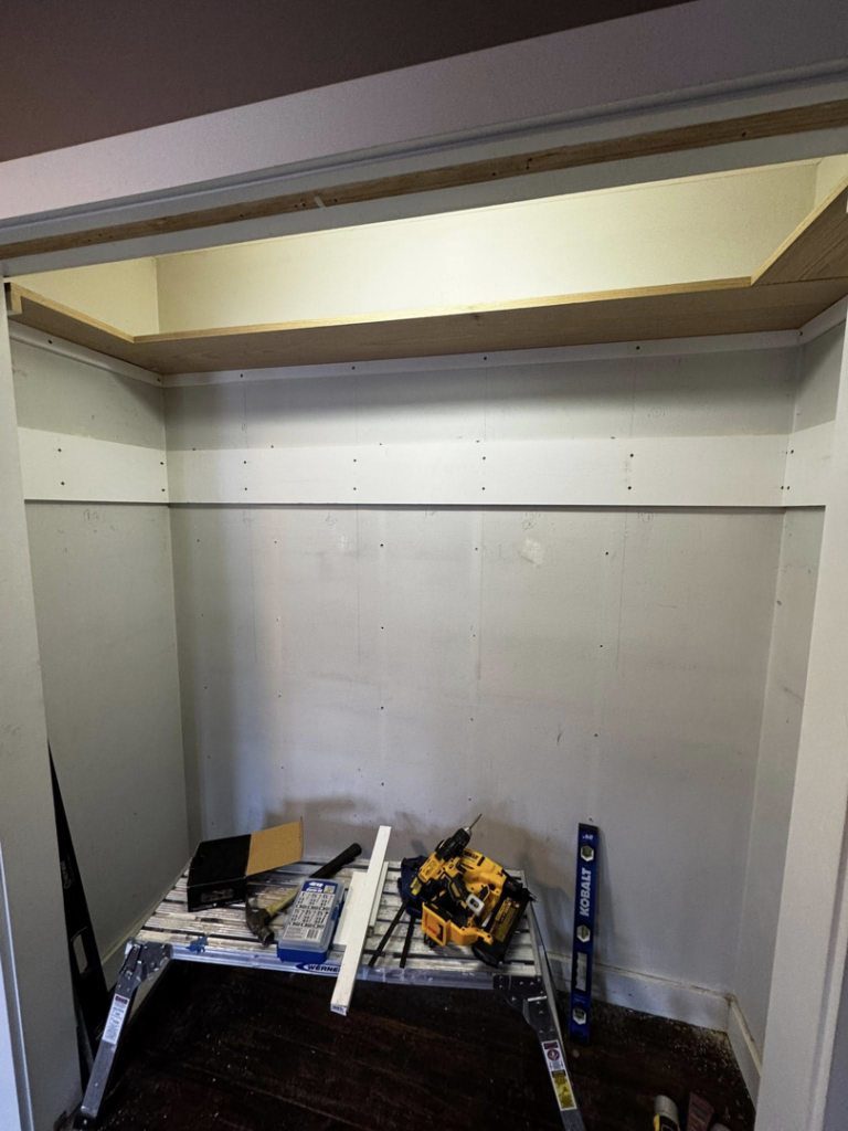 A closet under construction with framing and tools, handled by Premier Handyman Services in Lexington, KY.
