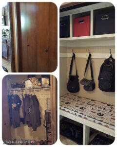 Collage showing various angles of a custom closet organization system with shelves, hooks, and a bench by Med City Handy Ma'am in Rochester, MN
