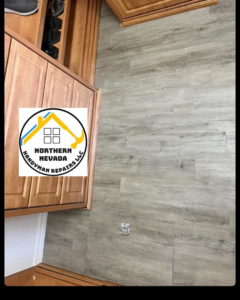 A closet with newly installed wood-look vinyl plank flooring by Northern Nevada Handyman Repairs LLC in Reno, NV