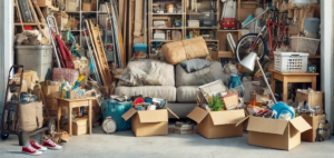 A very cluttered garage filled with old furniture and boxes, awaiting junk removal service from Robert Z Disposal in Lynn, MA.