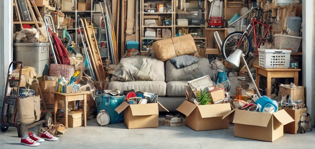 A very cluttered garage filled with old furniture and boxes, awaiting junk removal service from Robert Z Disposal in Lynn, MA.