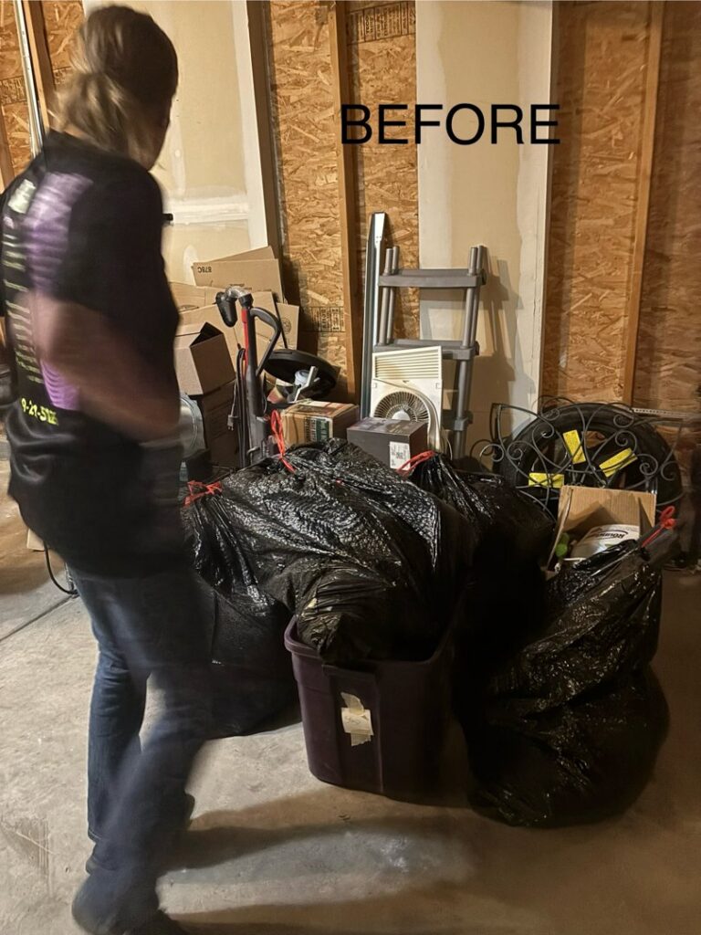 Cluttered garage or storage area with trash bags and boxes before junk removal by Tiny Monster Junk Removal LLC, Denver, CO.