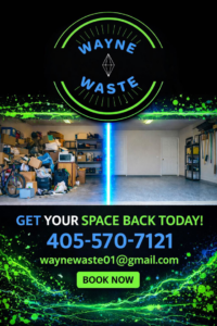 Before and after image of a cluttered garage cleared of junk by Wayne Waste, LLC in Moore, OK.