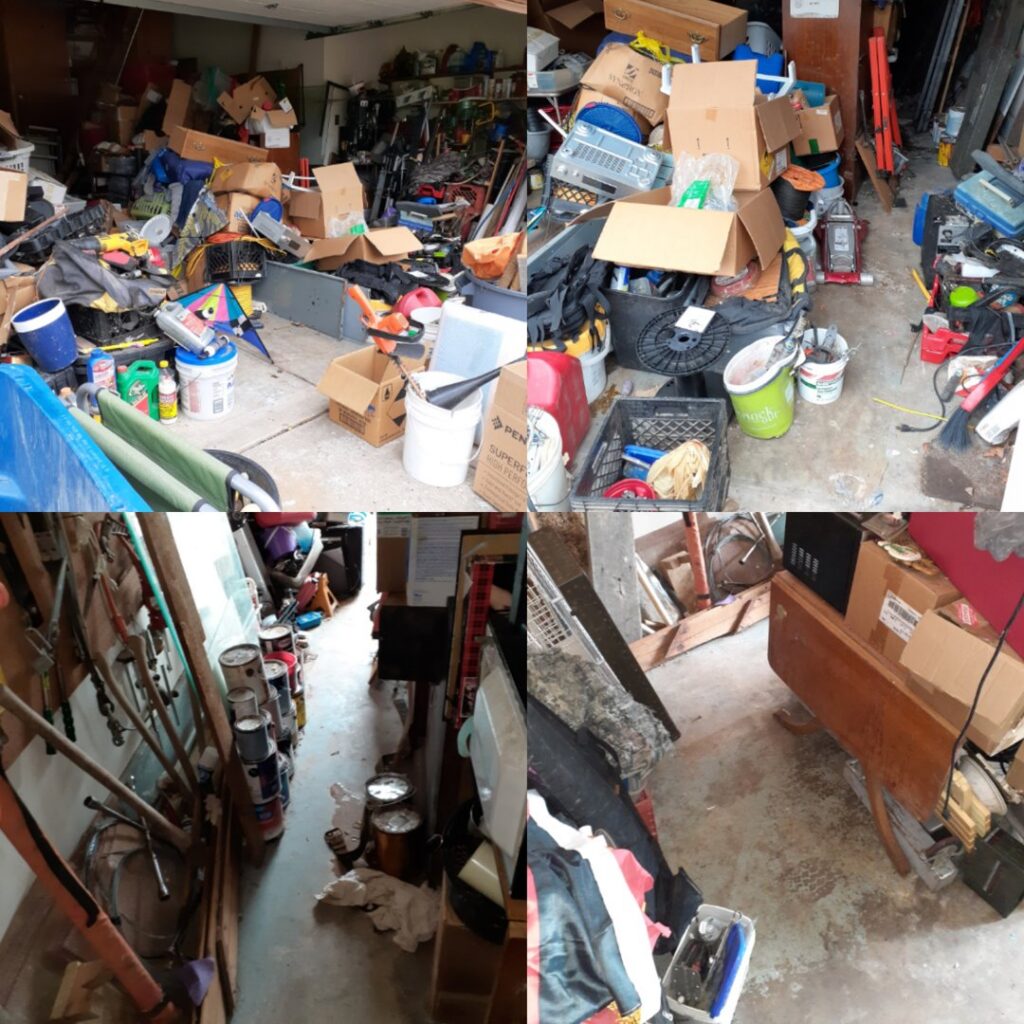 A collage showing a heavily cluttered garage, indicating a large home organization project by OSD in Springfield, MO