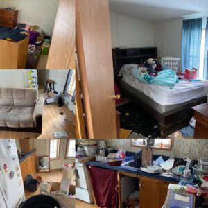 A collage showing multiple rooms in a cluttered house, indicating a large junk removal project for O'Brien Property Services in Clay, NY.
