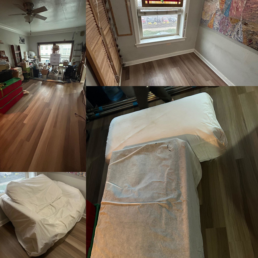 A collage showing a cluttered room before and after a cleanout service by Grit City Junk llc in Tacoma, WA.