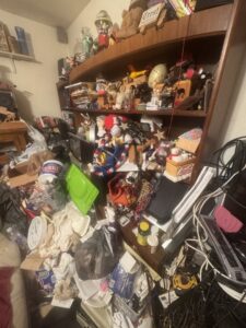 An extremely cluttered room with shelves full of collectibles and a floor covered in boxes, wires, and trash, indicating a large junk removal project by Trash Monkey Junk Removal in Charleston, WV.