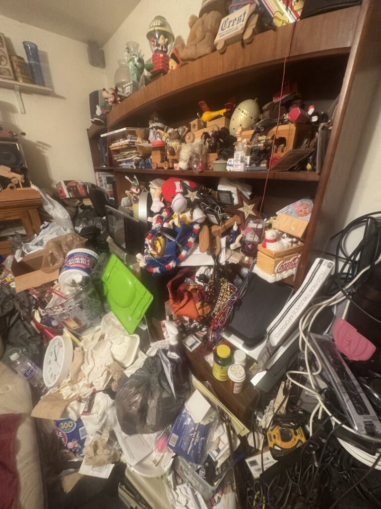 An extremely cluttered room with shelves full of collectibles and a floor covered in boxes, wires, and trash, indicating a large junk removal project by Trash Monkey Junk Removal in Charleston, WV.