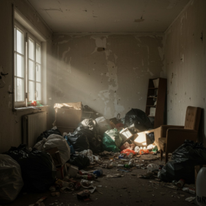 A severely cluttered room filled with trash bags and debris, ready for junk removal by The Haul Squad in Allentown, PA.