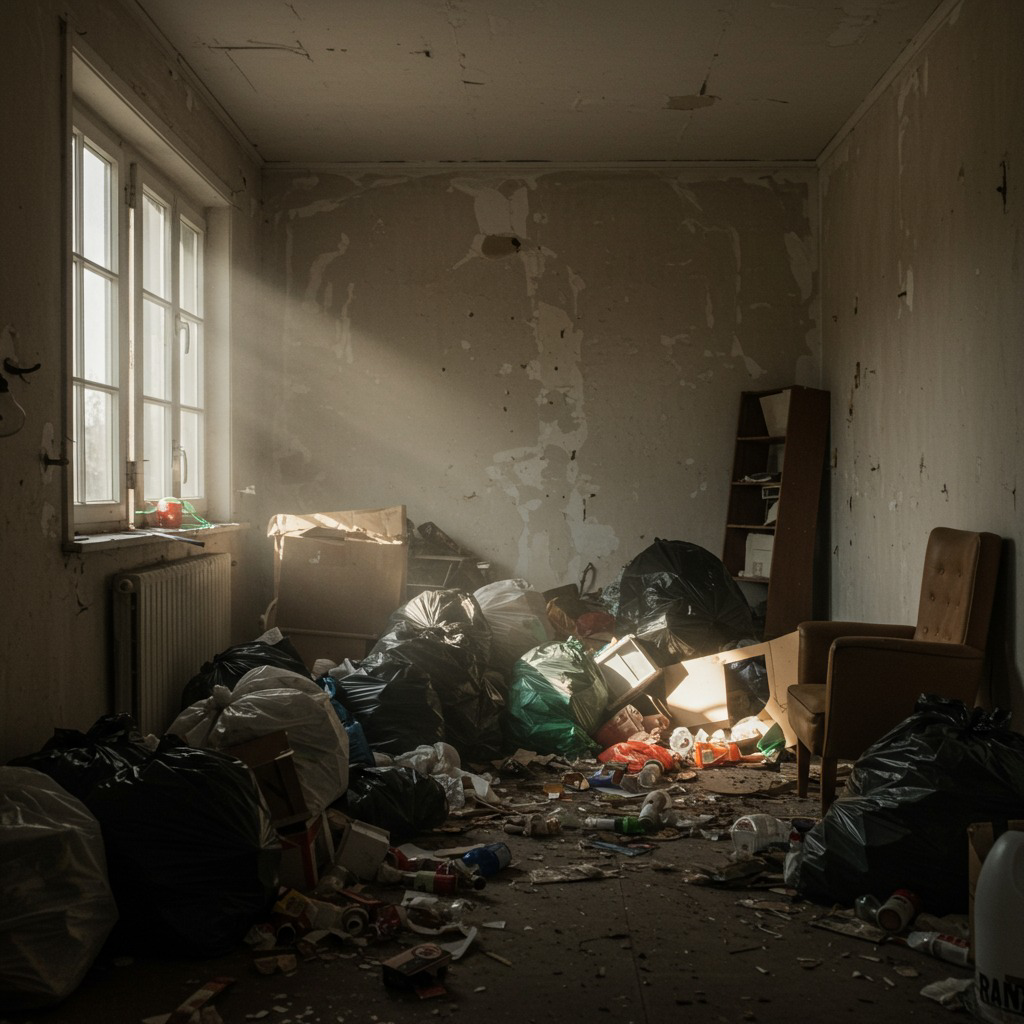 A severely cluttered room filled with trash bags and debris, ready for junk removal by The Haul Squad in Allentown, PA.