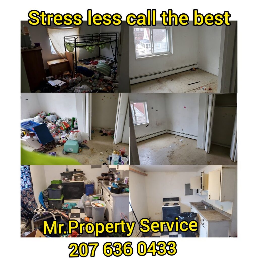 A collage of cluttered and dirty rooms, including a bedroom and kitchen, showing areas ready for junk removal by Mr. Property Service in Sanford, ME.