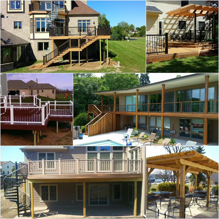 A collage showcasing various custom-built decks, pergolas, and outdoor living spaces by Screwheads Decking And Supply Store in Racine, WI