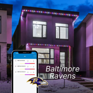 A modern house at night with colorful smart lighting installed and controlled via a smartphone app by Lux Outdoor Smart Lighting in Bend, OR.