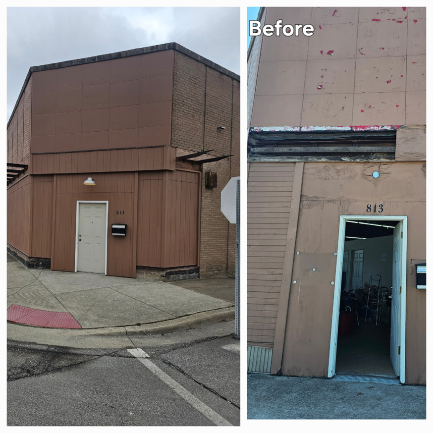 The exterior of a commercial building showing peeling paint and damage before repair by All Trades Home Improvement in Hobart, IN.