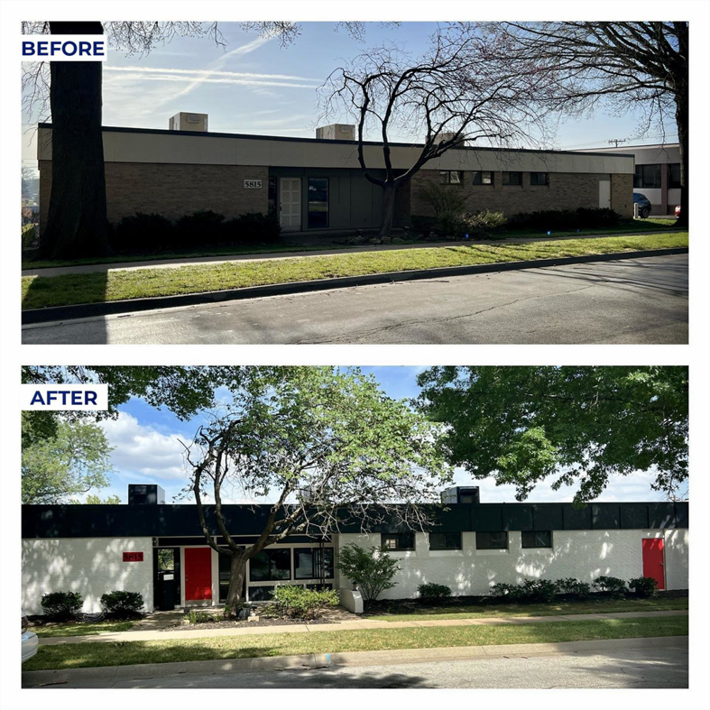 Before and after comparison of a commercial building exterior renovation by Rios Siding & Windows in Blue Springs, MO