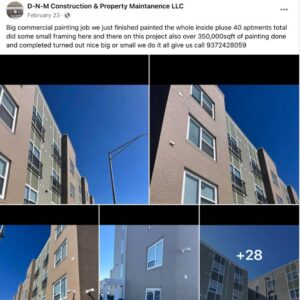 A collage showing a completed commercial painting and framing job by D-N-M Construction & Property Maintanence LLC in Dayton, OH.