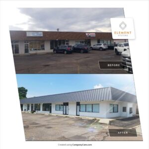 Before and after photos of a commercial building roof and facade renovation by Element Systems in Wheat Ridge, CO