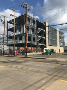 A commercial building with steel frame and concrete block construction in progress by J S Construction in Finleyville, PA