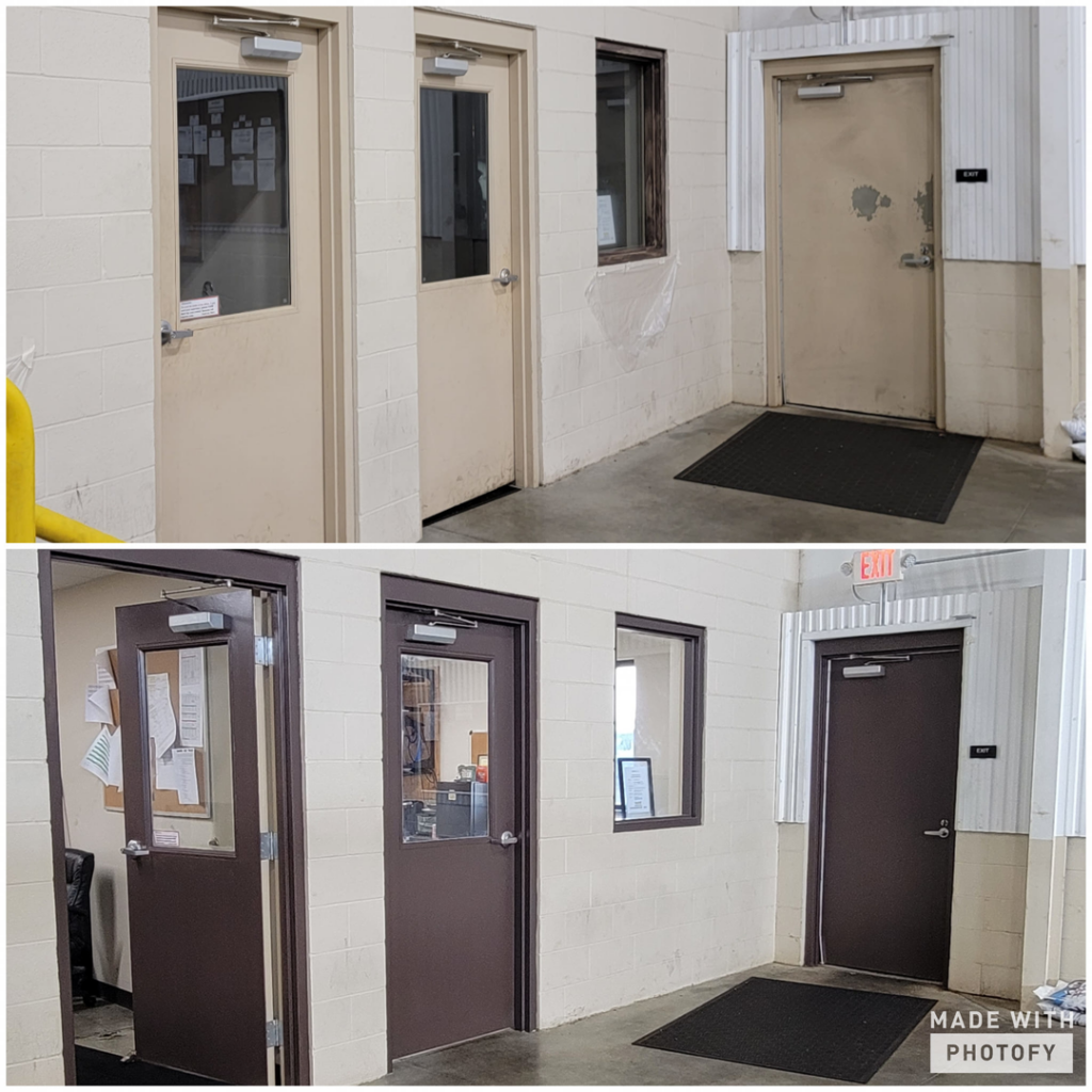 Before and after comparison of commercial doors painted by Power Pro Painting in Cleveland, OH