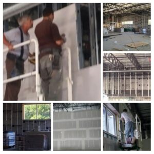 A collage showing commercial drywall installation in progress by Drywall Paint Plus in Worcester, MA.