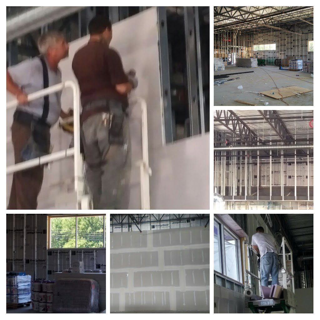 A collage showing commercial drywall installation in progress by Drywall Paint Plus in Worcester, MA.
