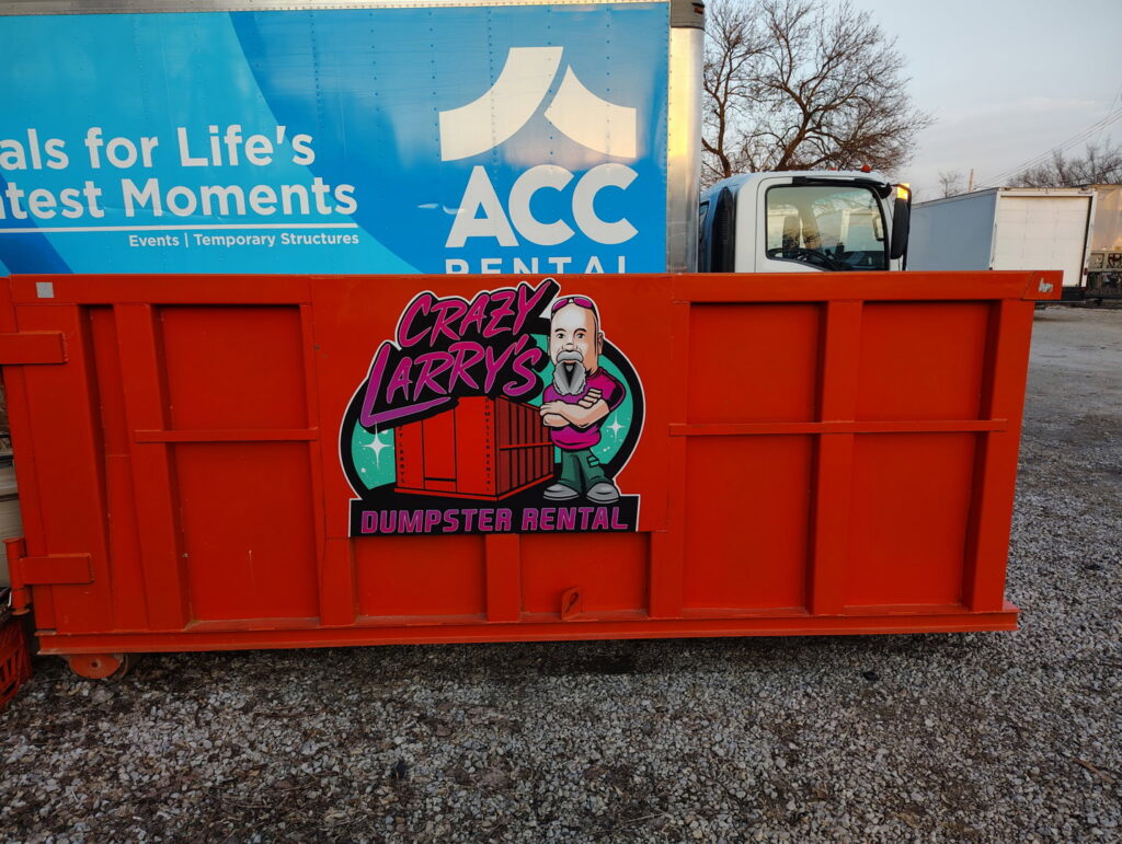 An empty Crazy Larry's Dumpster Rental container placed in a commercial lot for business junk removal in Columbus, OH.