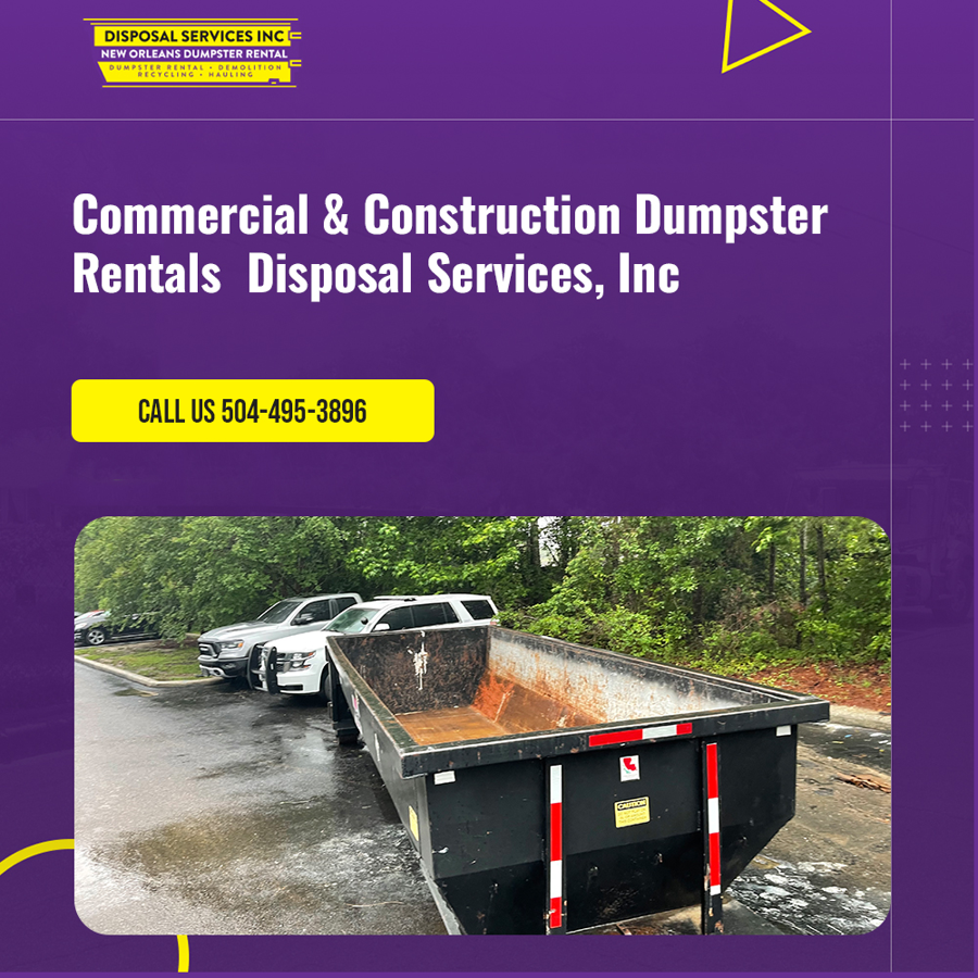 An empty roll-off dumpster placed in a commercial parking lot by Disposal Services Inc. in New Orleans, LA