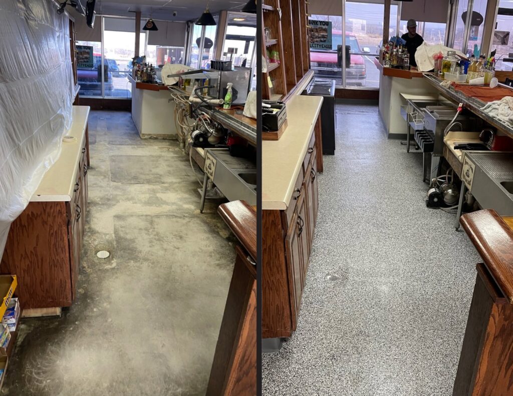 Before and after view of commercial epoxy flooring installation by Elite Flooring Professionals in Pueblo, CO.