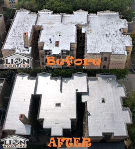 Before and after aerial view of a commercial flat roof replacement by Lion Roofing Corporation in Des Plaines, IL
