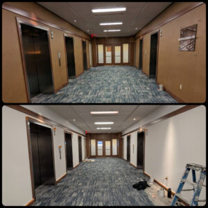 Commercial hallway renovation with before and after painting by Roche Painting in Allentown, PA.
