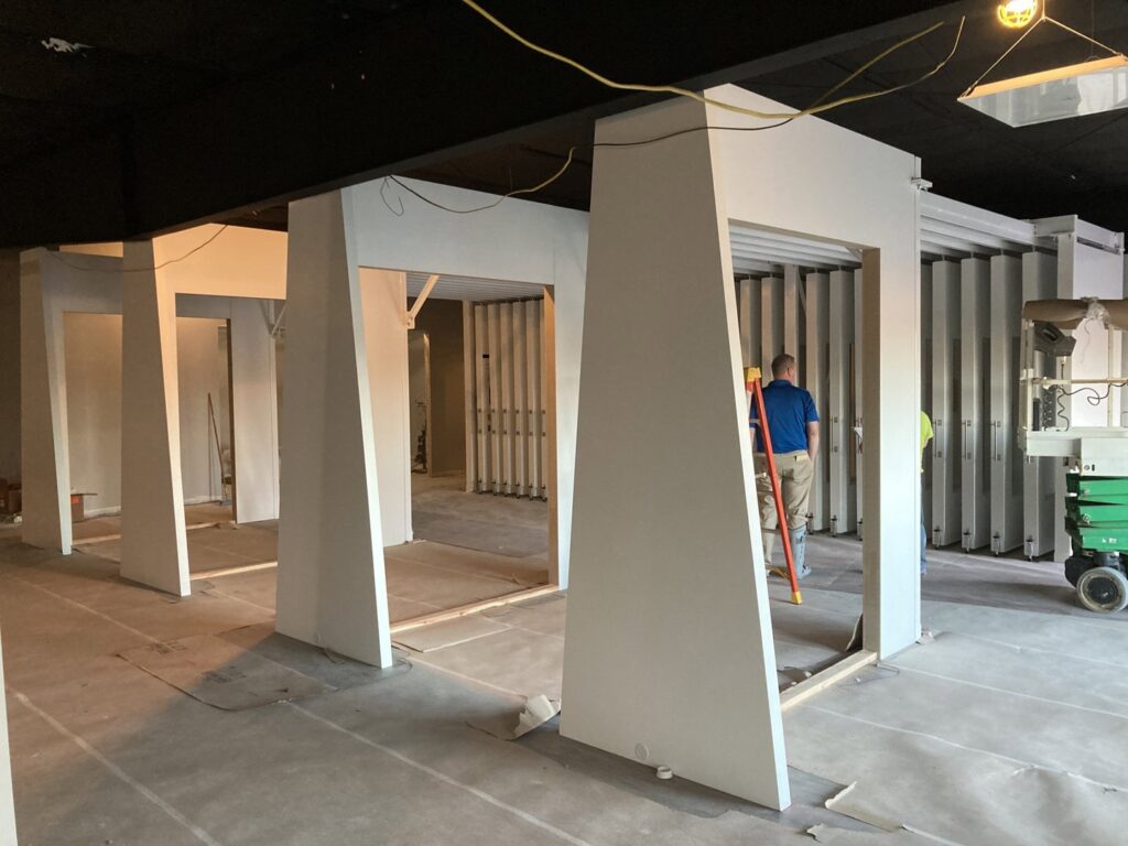 An interior commercial build-out project with new structures being framed, handled by Jez Enterprises in Aurora, CO.