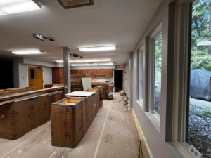 Commercial kitchen renovation in progress with new cabinets in boxes by GD Home Remodeling in Annadale, VA.