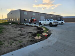 Commercial landscaping and tree planting project in front of a building by Tree Rows 4 U in Bismarck, ND.
