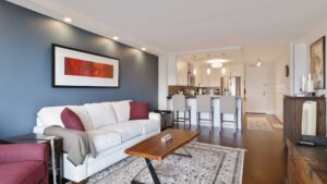 A multi-level commercial office space with exposed wood beams, a project by ETI Construction in Chicago, IL.