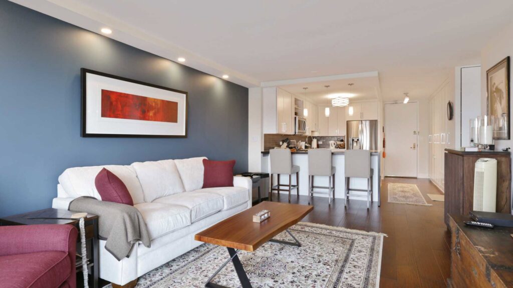 A multi-level commercial office space with exposed wood beams, a project by ETI Construction in Chicago, IL.