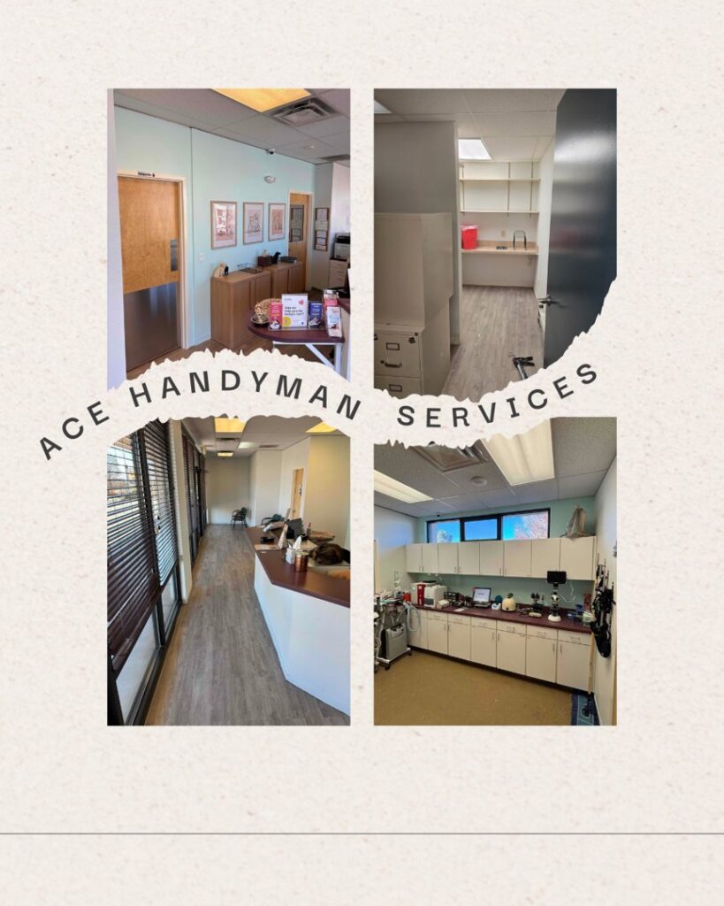 A collage showing commercial office renovation and maintenance work by Ace Handyman ABQ SF in Albuquerque, NM