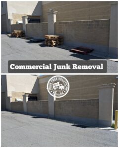 Before and after of commercial pallets and debris removed from a building exterior by Junk Free Solutions in Reno, NV.