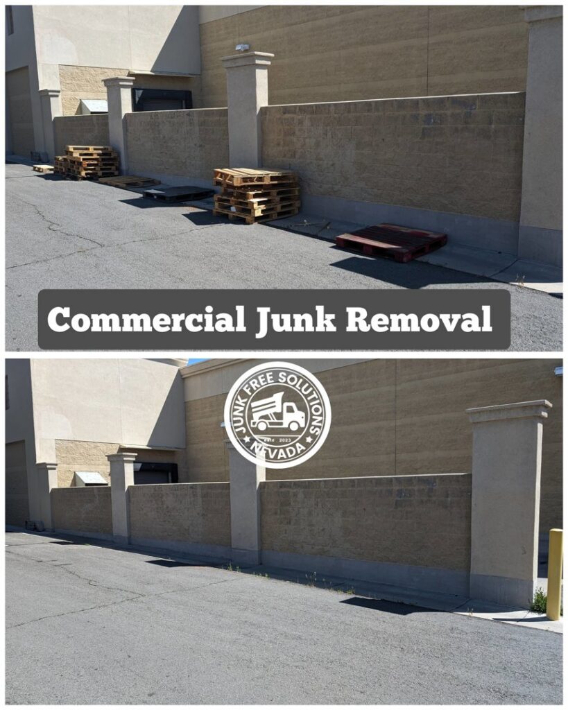 Before and after of commercial pallets and debris removed from a building exterior by Junk Free Solutions in Reno, NV.