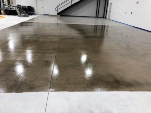 A newly installed polished concrete floor in a commercial building by Kentucky Decorative Concrete in Nicholasville, KY.