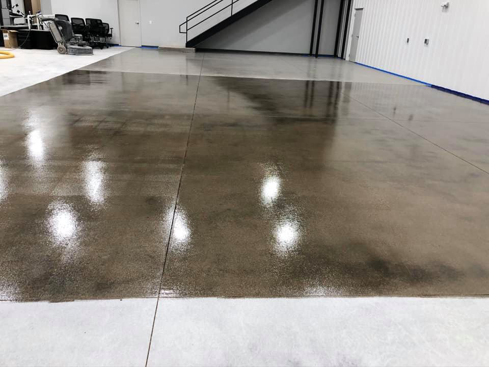 A newly installed polished concrete floor in a commercial building by Kentucky Decorative Concrete in Nicholasville, KY.