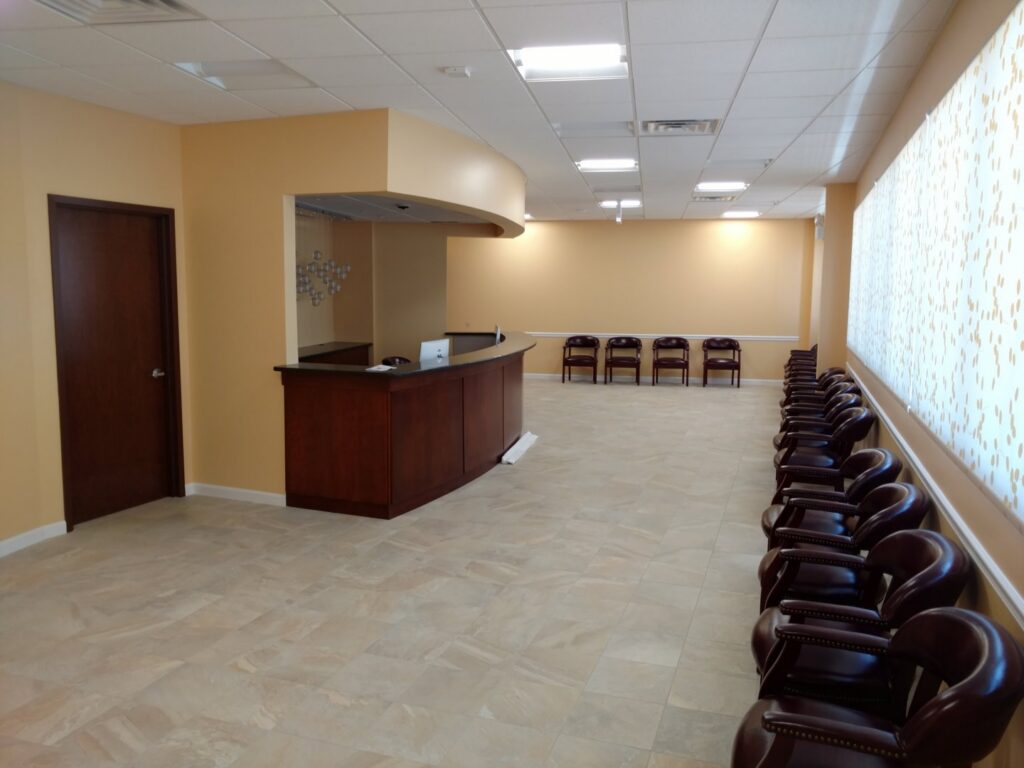 A completed commercial reception and waiting area by GCM, INC. in Mount Joy, PA.