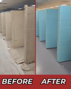 A 'before and after' comparison showing commercial restroom walls painted from beige to light blue, a handyman service by Randy Overacre Painting Company in Virginia Beach, VA.